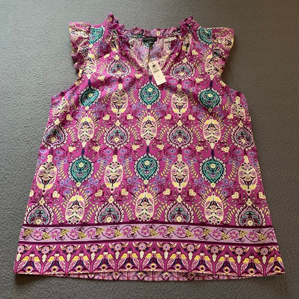 NWT Talbots Floret Medallion Ruffle Trim V Neck Blouse Shell Top Purple Medium